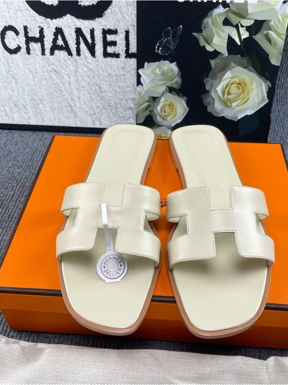 Hermes Ivory Leather H Slide Sandals